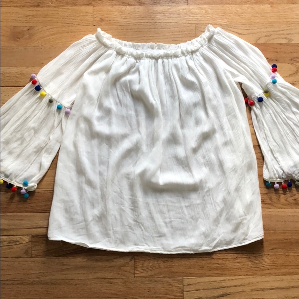 Shein Off the Shoulder Top with Rainbow Pompoms